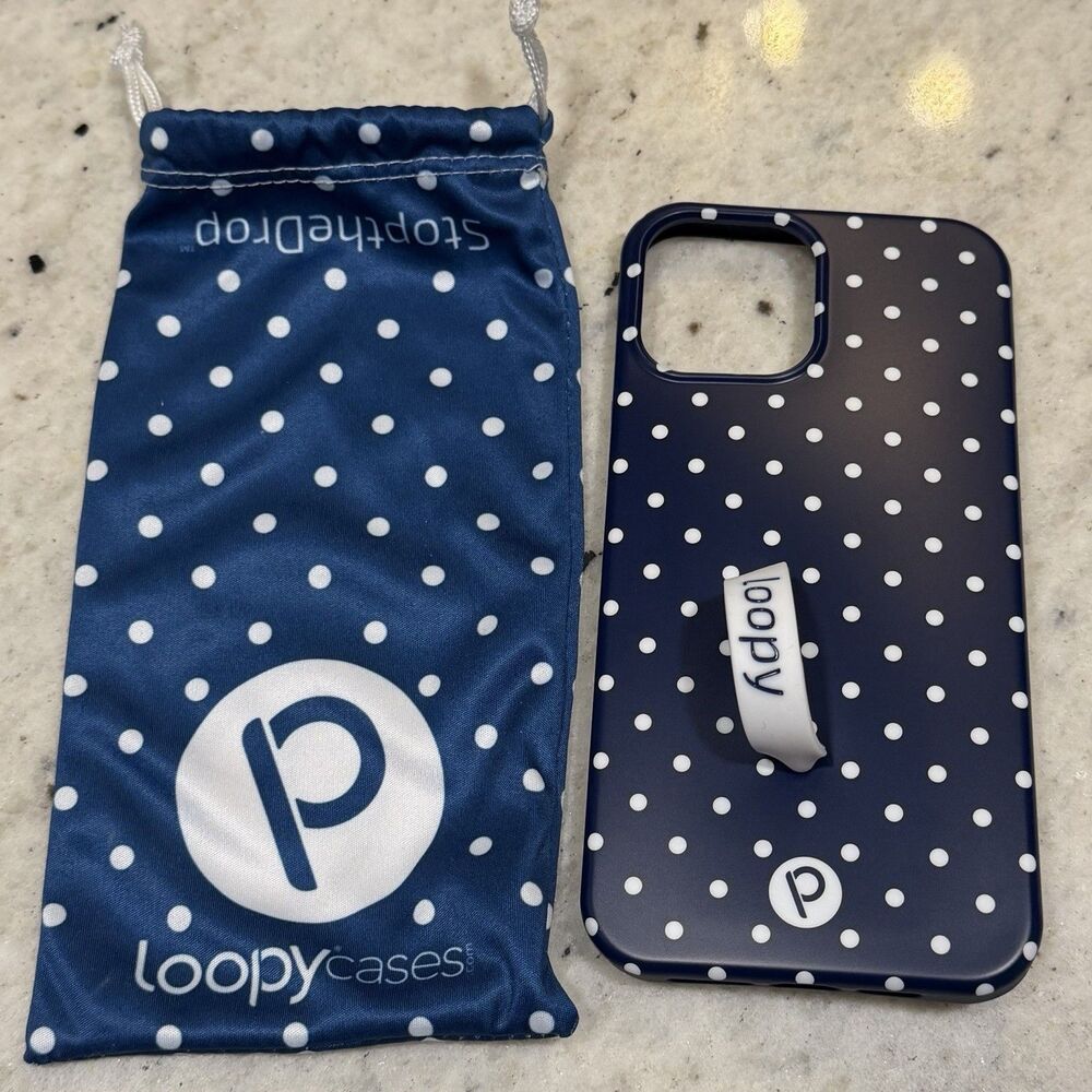 Loopy Righty Navy Polka Dot Case w/ Loop & Sleeve iPhone 12 13 Pro Max New